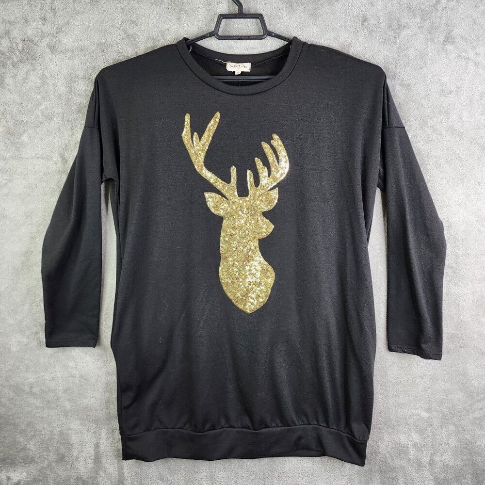 Womens Black Sweet Pea Gold Sweater Sequin Deer Pop Over Long Sleeve Size M